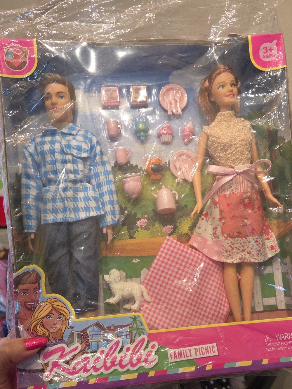 Family Picnic Doll Set - Pink Floral Dress & Blue Plaid Shirt